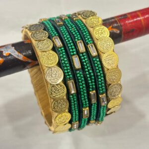 Handcrafted Emerald Heritage Coin Silk Thread Bangles Set