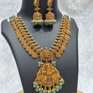 premium lakshmi temple necklace set with green beads