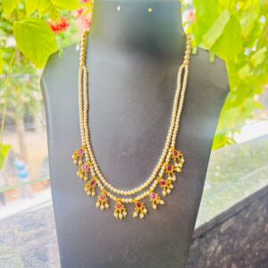 2 layer pearl necklace with ruby stone charms