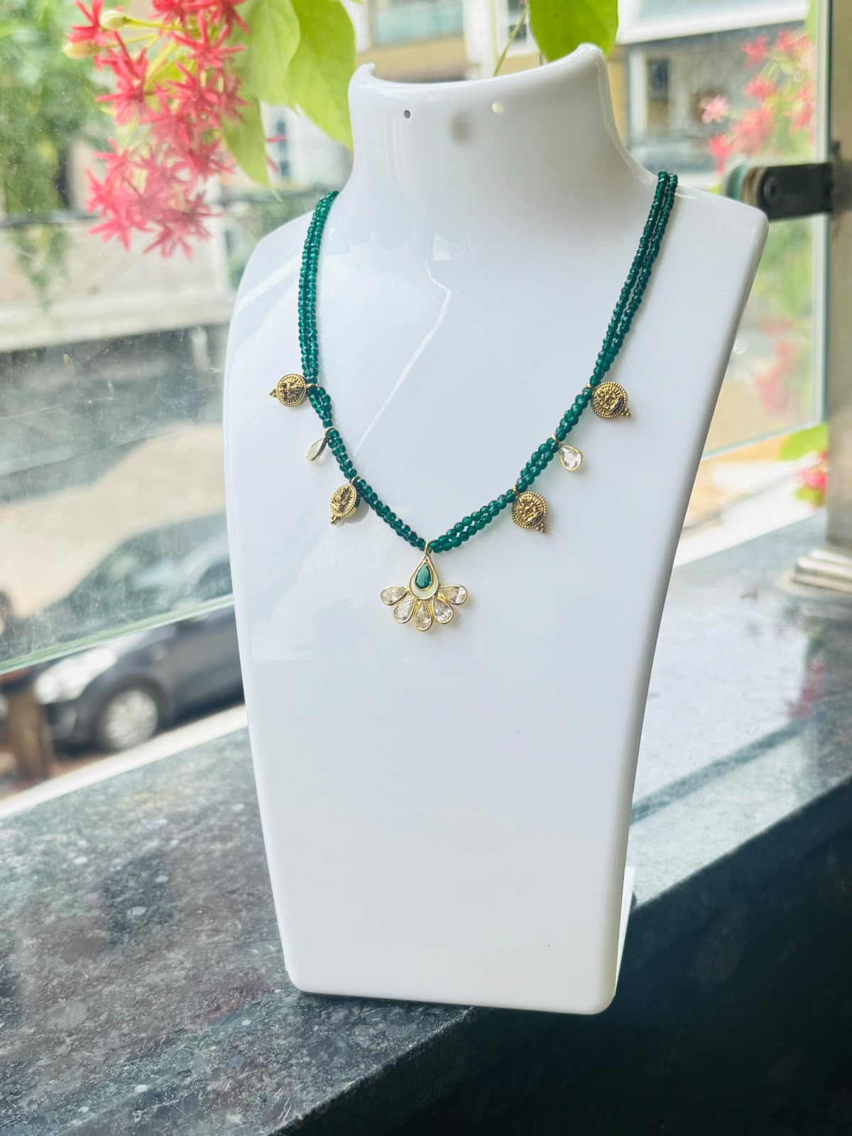 green crystal beaded necklace with floral pendant green crystal beaded necklace with floral pendant